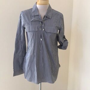 Calvin Klein small striped lace up shirt with sleeve tabs.